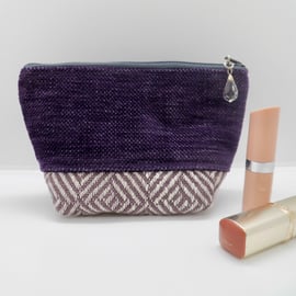 Purple make up bag in two fabrics