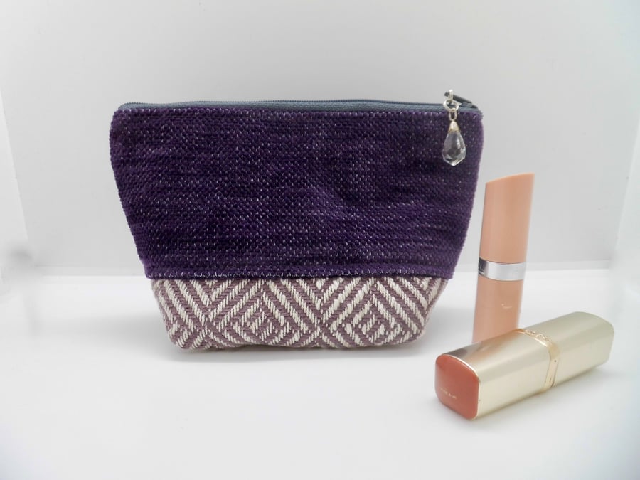 Purple make up bag in two fabrics