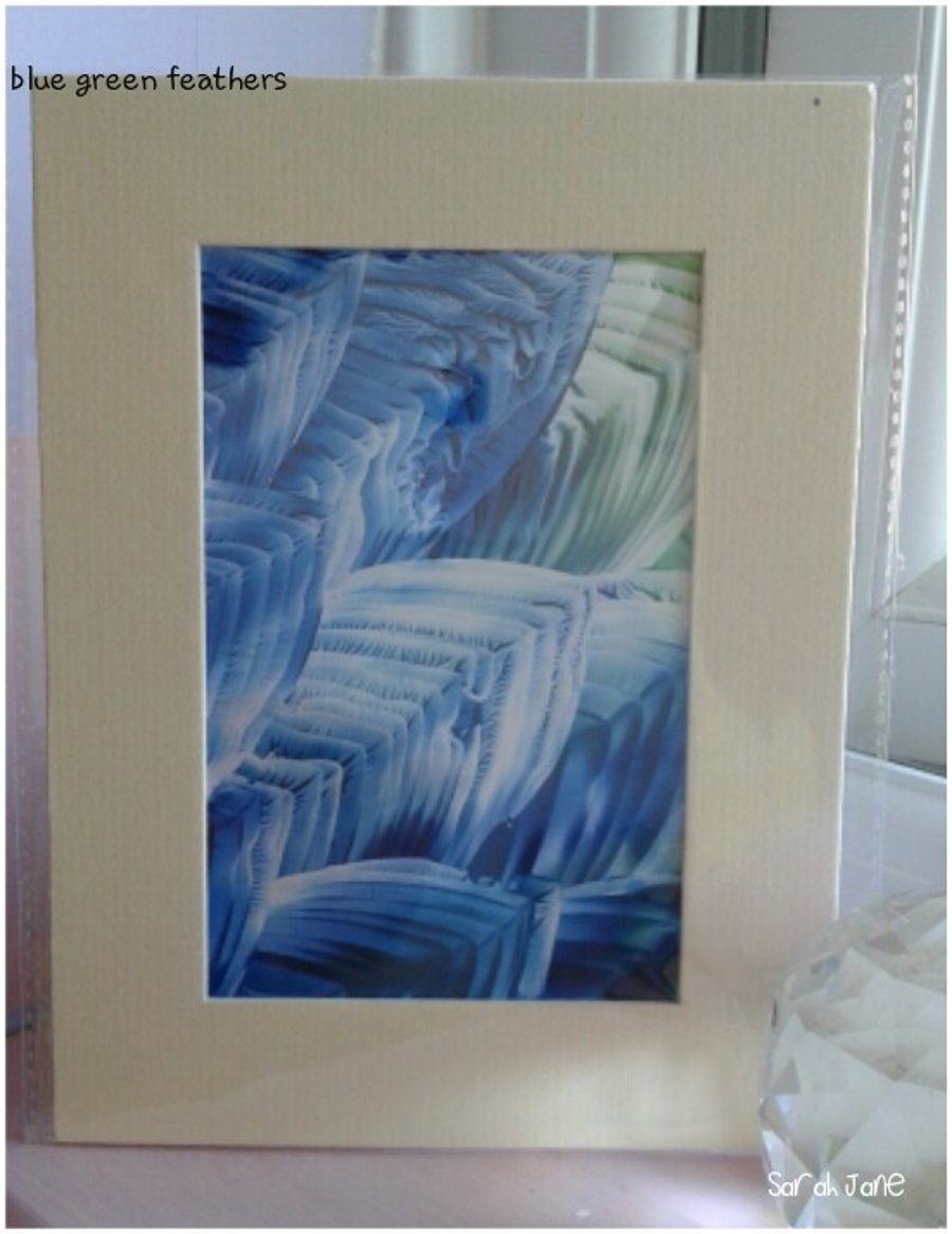 Blue green feathers original encaustic art painting 