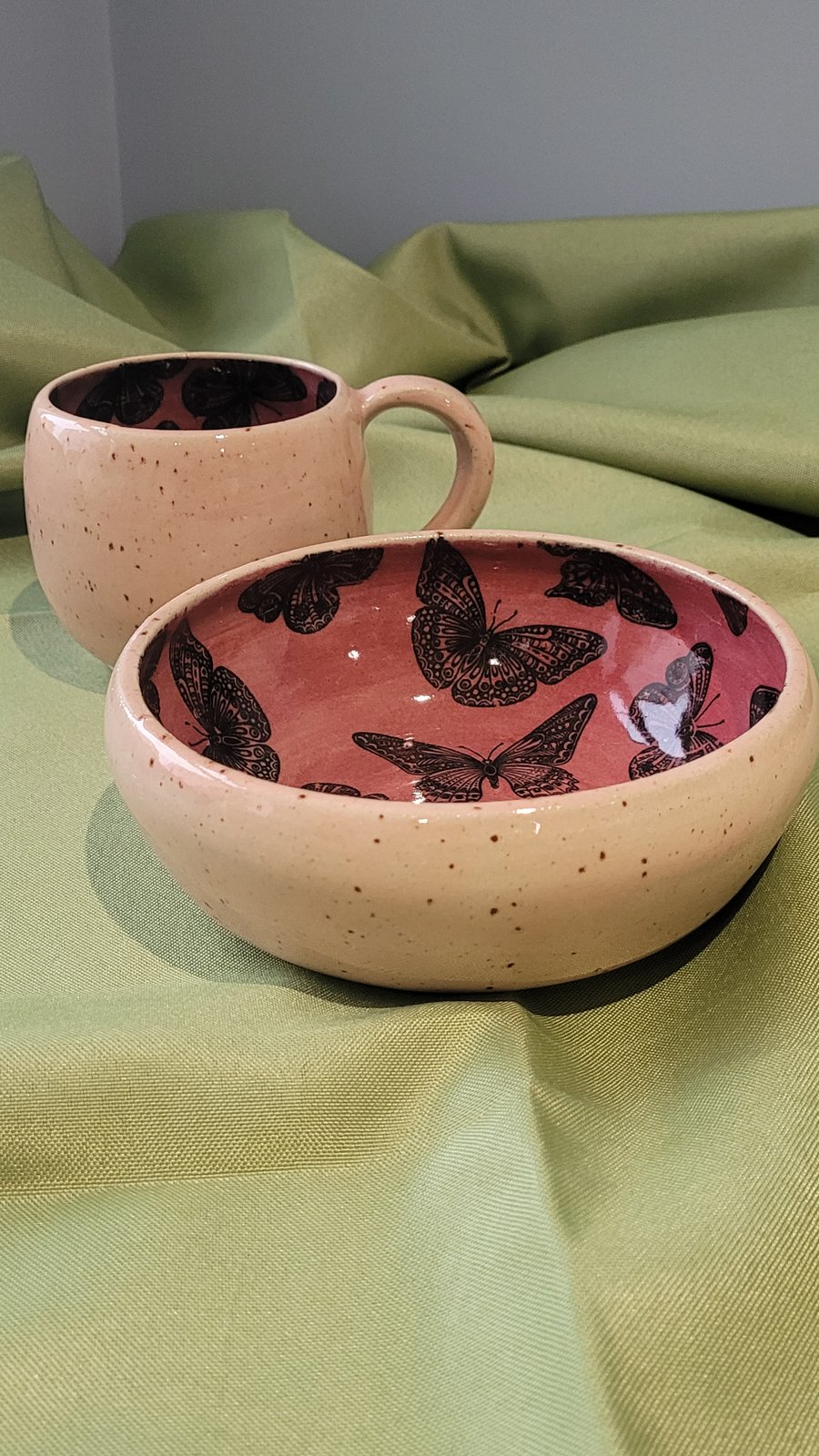 Pink patterned butterflies breakfast set bowl and mug handmade pottery