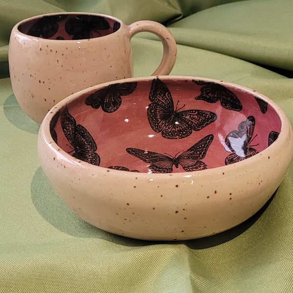 Pink patterned butterflies breakfast set bowl and mug handmade pottery