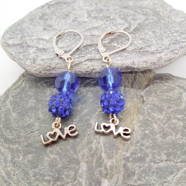 Blue Shamballa and Crystal Earrings with Love Charm, Gift for Her