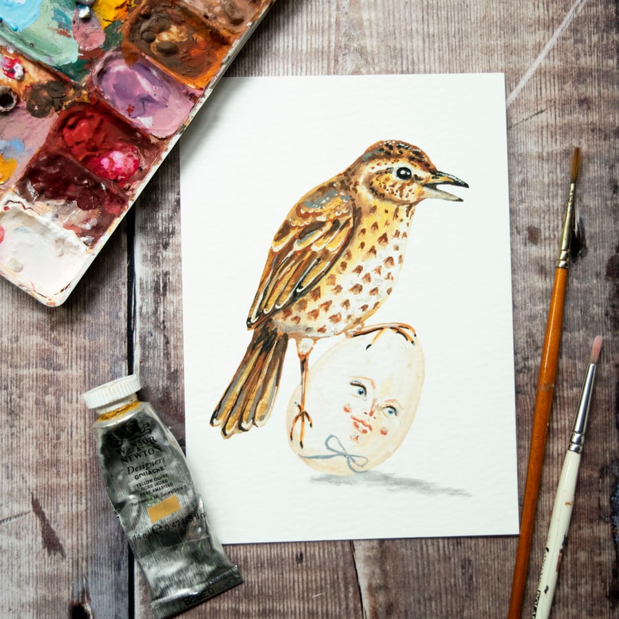 Mini print of a thrush bird with an egg. Vintage style, hand embellished 