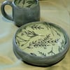 Green botanical patterned breakfast set bowl and mug handmade pottery