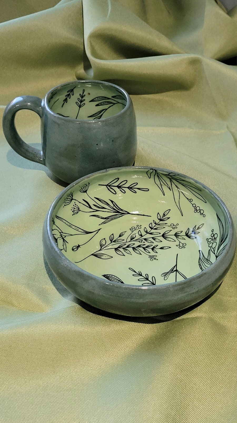 Green botanical patterned breakfast set bowl and mug handmade pottery