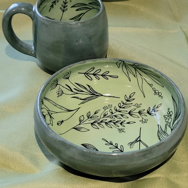 Green botanical patterned breakfast set bowl and mug handmade pottery