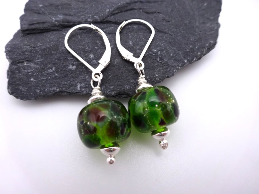 green and purple lampwork glass earrings