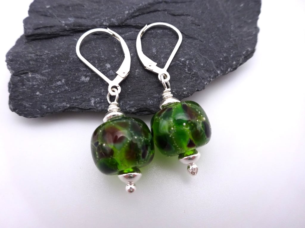 green and purple lampwork glass earrings