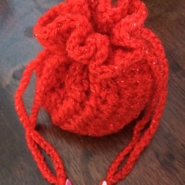 Red Valentine Drawstring Bag Gift Pouch Christmas Hand Crocheted Sparkly