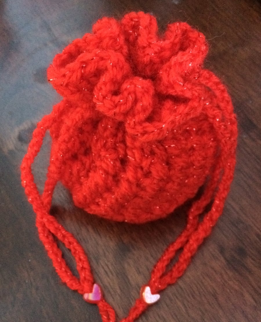 Red Valentine Drawstring Bag Gift Pouch Christmas Hand Crocheted Sparkly