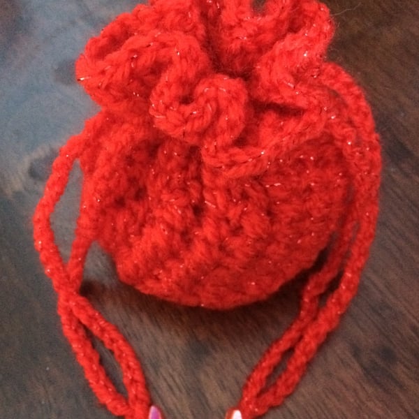 Christmas Valentine Bag Gift Pouch Hand Crocheted Red Sparkly Drawstring 
