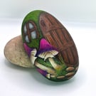 Fairy Door with Window and Purple Mushrooms Paper Weight Rock Painting