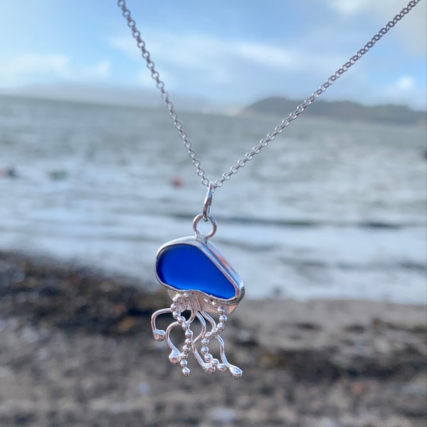 Blue Sea Glass and Sterling Silver Jelly Fish Pendant Necklace - 1027