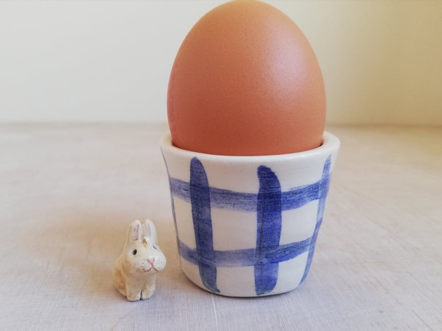 Handmade blue check egg cup with dots & heart handthrown ceramic gift holder