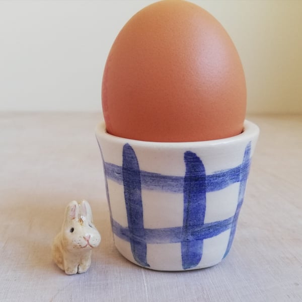 Handmade blue check egg cup with dots & heart handthrown ceramic gift holder