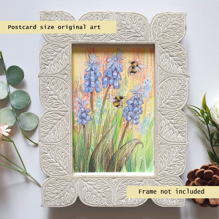 Bees with blue grape hyacinth flowers, original art, letterbox gift idea