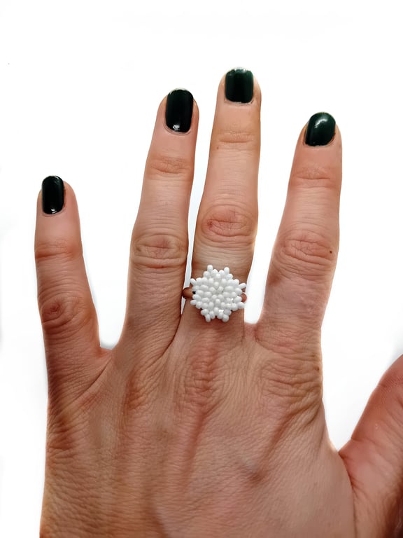 White beaded snowflake adjustable ring