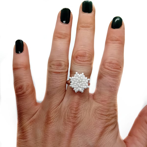 White beaded snowflake adjustable ring