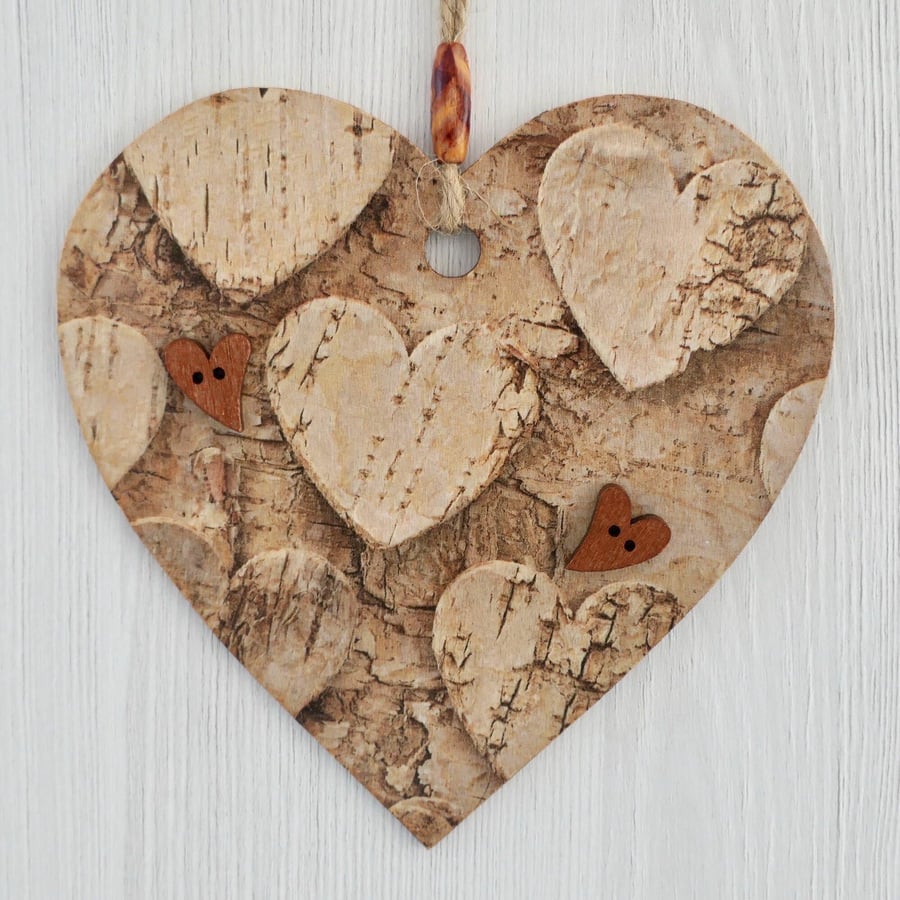 Decoupaged Wooden Hanging Heart 15cm (6”): Cork Hearts design