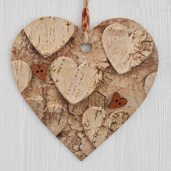 Decoupaged Wooden Hanging Heart 15cm (6”): Cork Hearts design