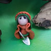Tiny Gardening Gnome digging with shovel 'Moley' 1.5" OOAK Sculpt by Ann Galvin
