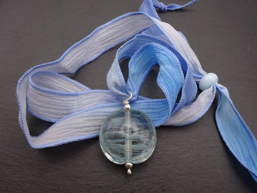 silk ribbon necklace, lampwork glass pendant, adjustable
