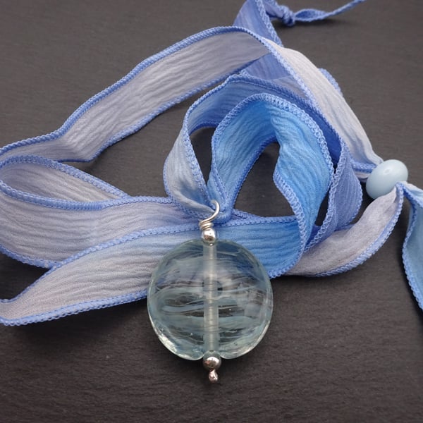 silk ribbon necklace, lampwork glass pendant, adjustable