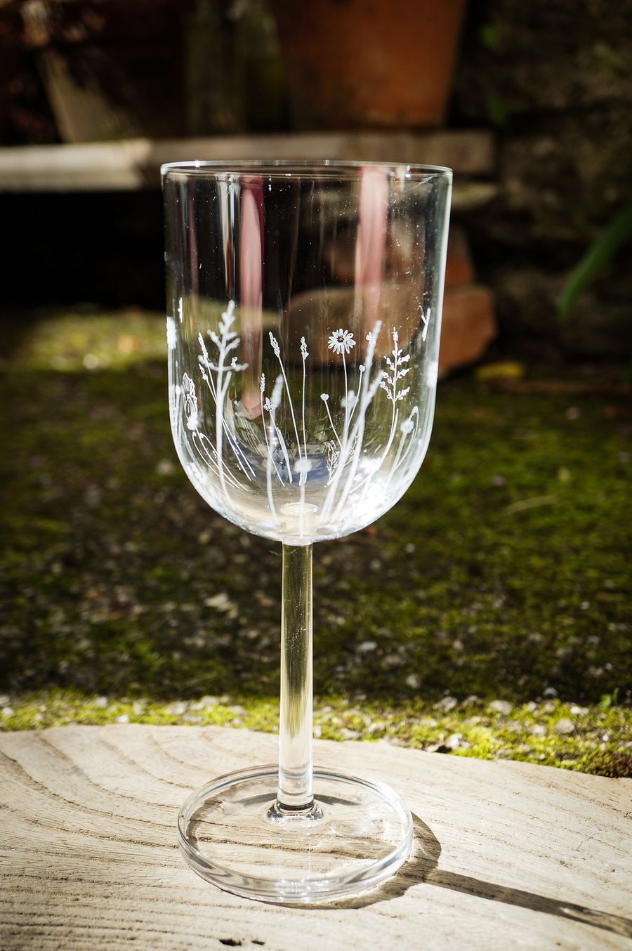 Hand Engraved Crystal Wine Glass - Meadow Flowers & Tall Grasses