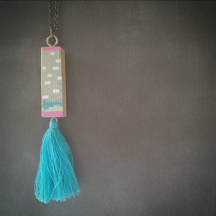 Hand Printed Wooden Tassel Necklace - Wooden Pendant - Reclaimed Wood Jewellery
