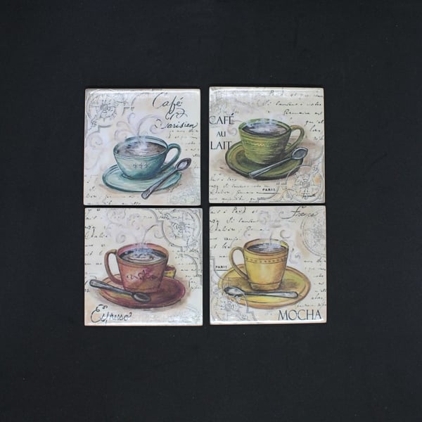 Handcrafted, decoupage, set of four coffee themed coasters