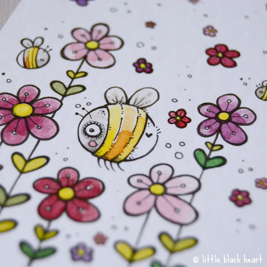 bees in bloom - original aceo