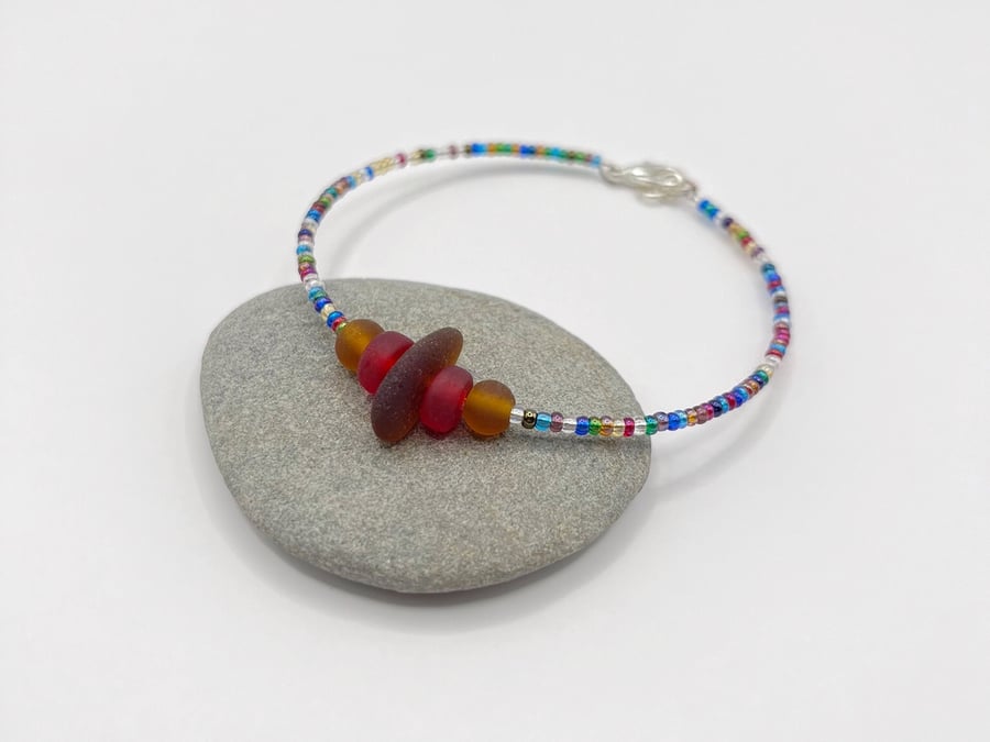 Burnt Orange Cornish Sea Glass Bracelet with Multi Coloured Mix Seed Beads 