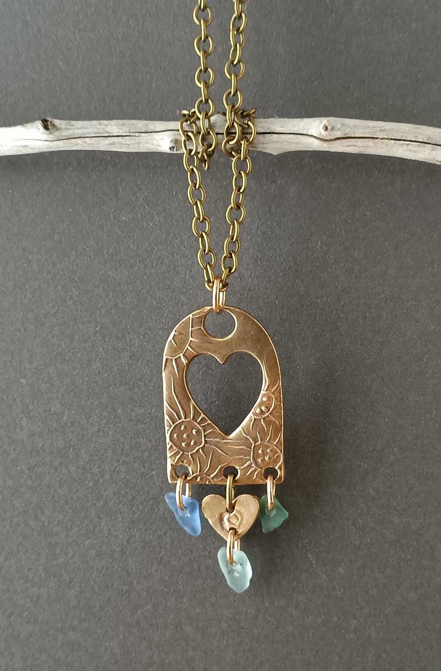 Bronze and seaglass Pendant, unique, recycled materials