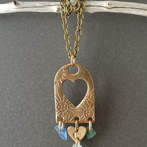 Bronze and seaglass Pendant, unique, recycled materials