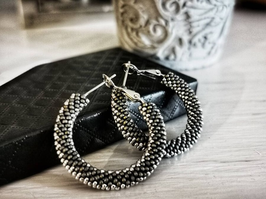 Sterling Silver Beaded Hoop Earrings - 35mm