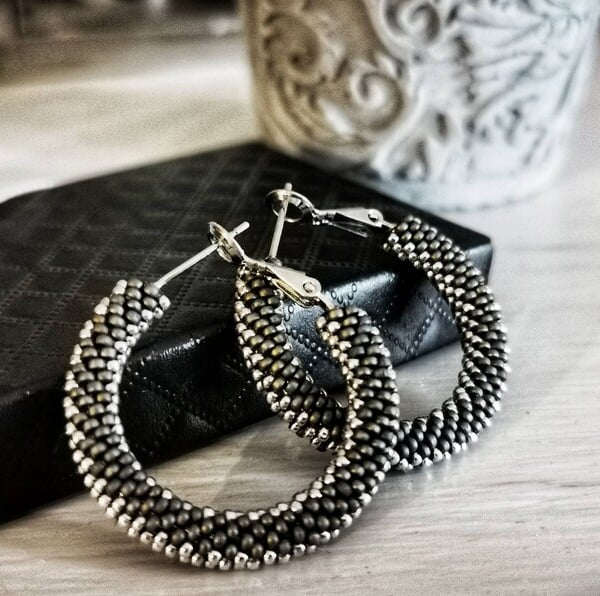 Sterling Silver Beaded Hoop Earrings - 35mm