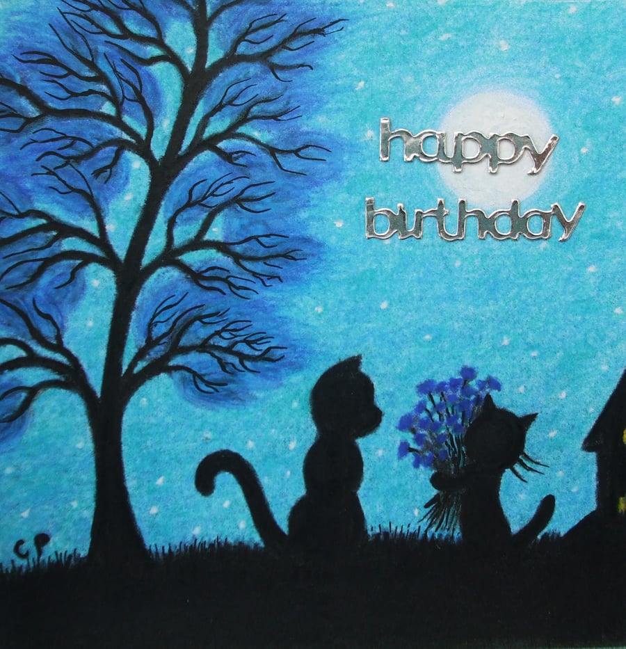 Birthday Card Cat, Birthday Art Card, Cat Flowers, Kids Birthday Card, Black Cat