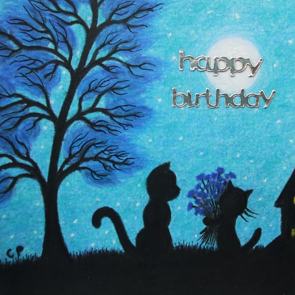 Birthday Card Cat, Birthday Art Card, Cat Flowers, Kids Birthday Card, Black Cat