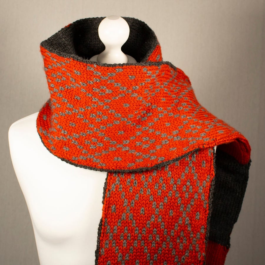 Orange and Grey Knitted Pattern Reversible Scarf
