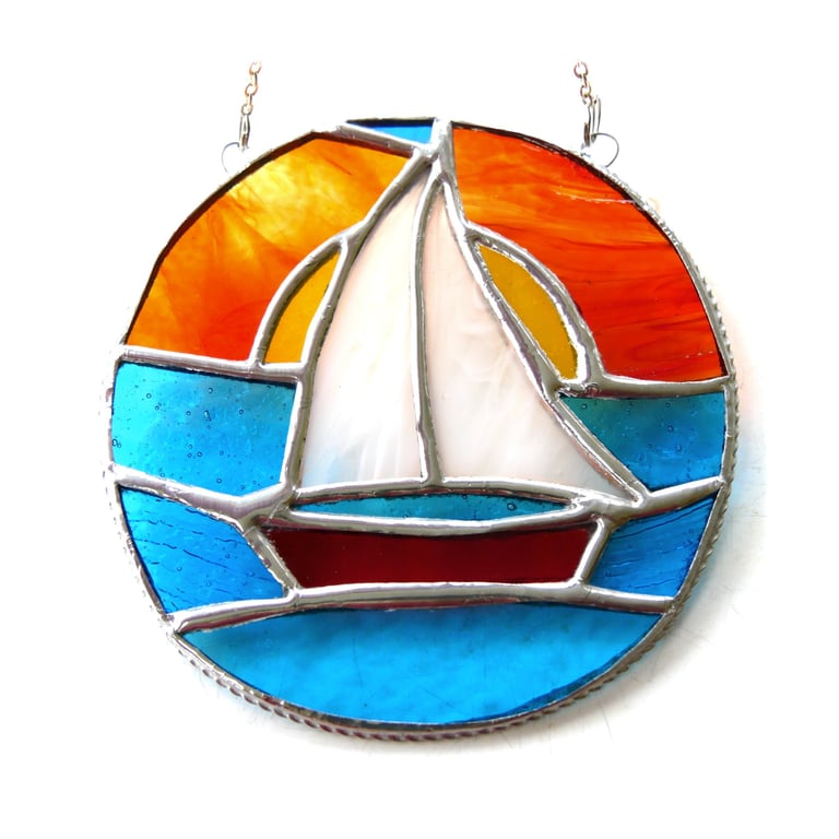 Sailboat Sunset Stained Glass Suncatcher Handmade Ring 033