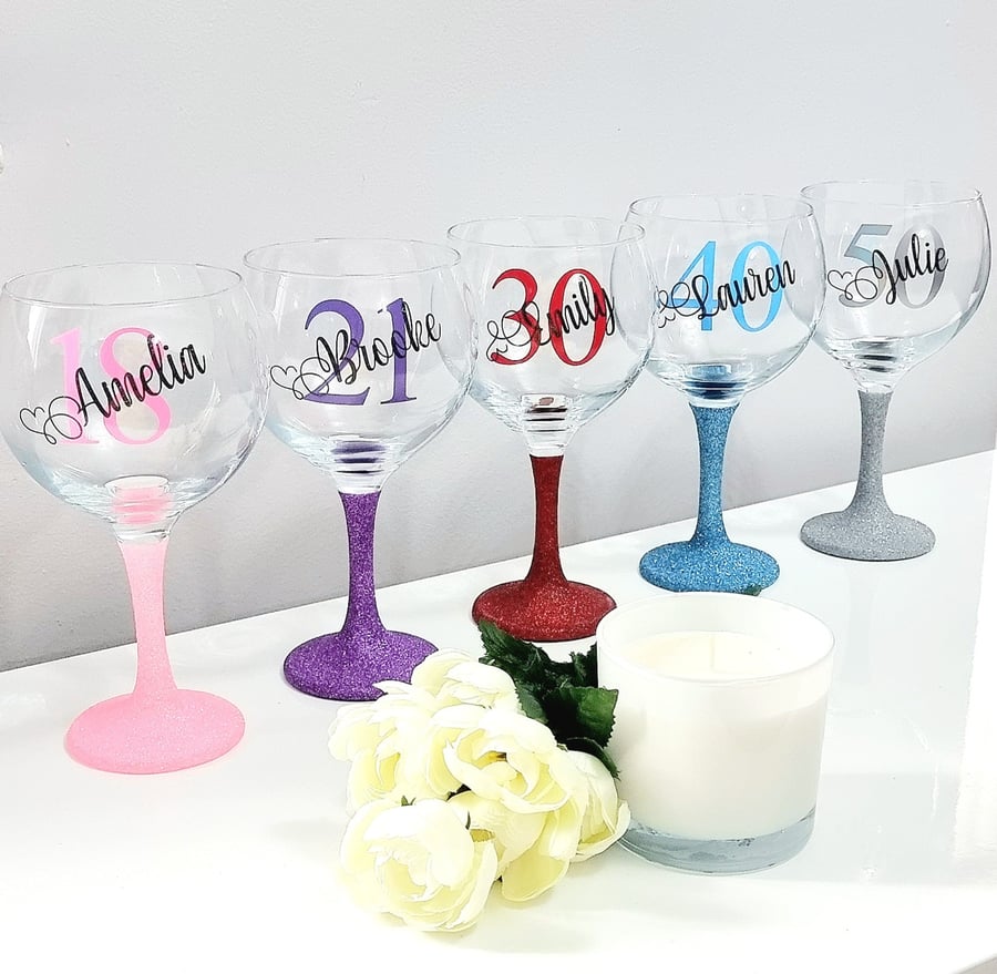 Personalised Birthday Glitter Gin Glass Gift Idea 18th 21st 30th 40th 50th 60th