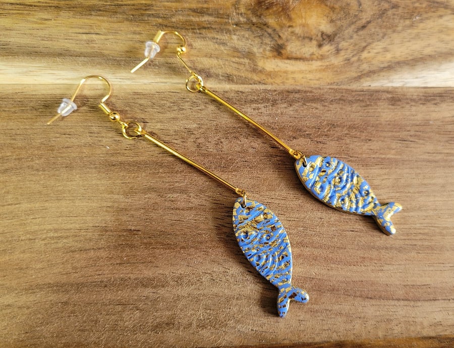 Polymer Clay Fish On The Line Earrings.  316 Surgical Stainless Steel