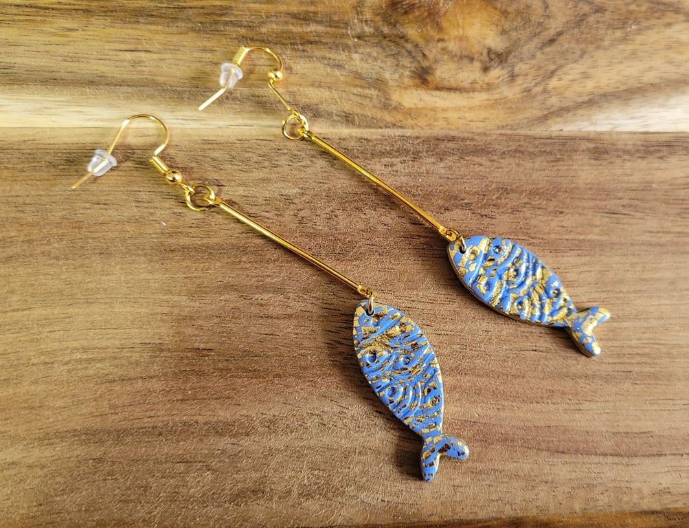 Polymer Clay Fish On The Line Earrings.  316 Surgical Stainless Steel