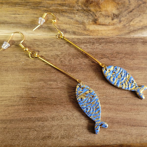 Polymer Clay Fish On The Line Earrings.  316 Surgical Stainless Steel