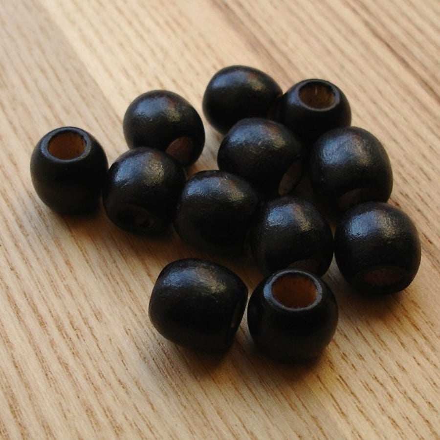 12 12mm Large Holed Black Wooden Barrel Beads