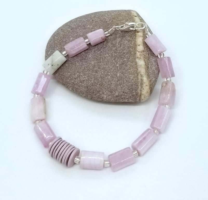 Gemstones Pink Kunzite & Porcelain Bracelet Sterling Silver Clasp