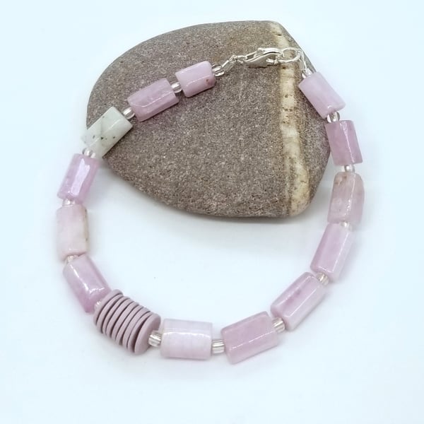 Gemstones Pink Kunzite & Porcelain Bracelet Sterling Silver Clasp