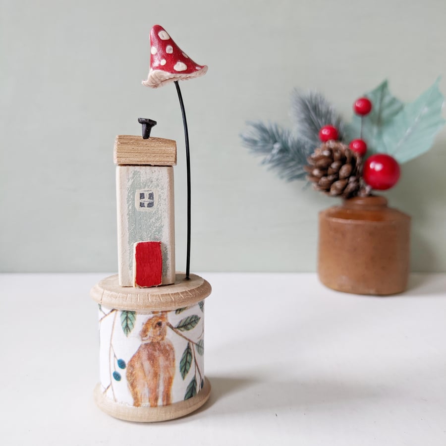 Little House on a Vintage Wood Bobbin with Clay Toadstool