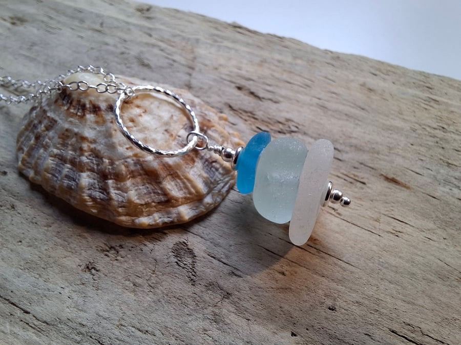 Bright Blue, White, Seafoam  Marazion Sea Glass Stack on Diamond Cut Ring N668