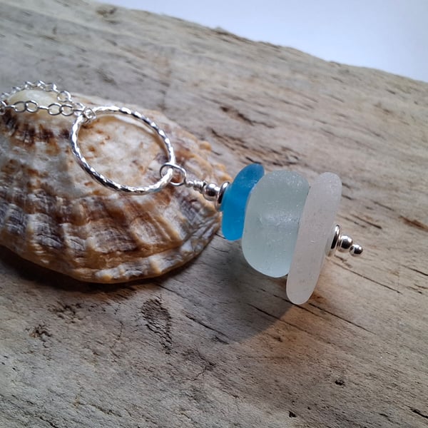 Bright Blue, White, Seafoam  Marazion Sea Glass Stack on Diamond Cut Ring N668